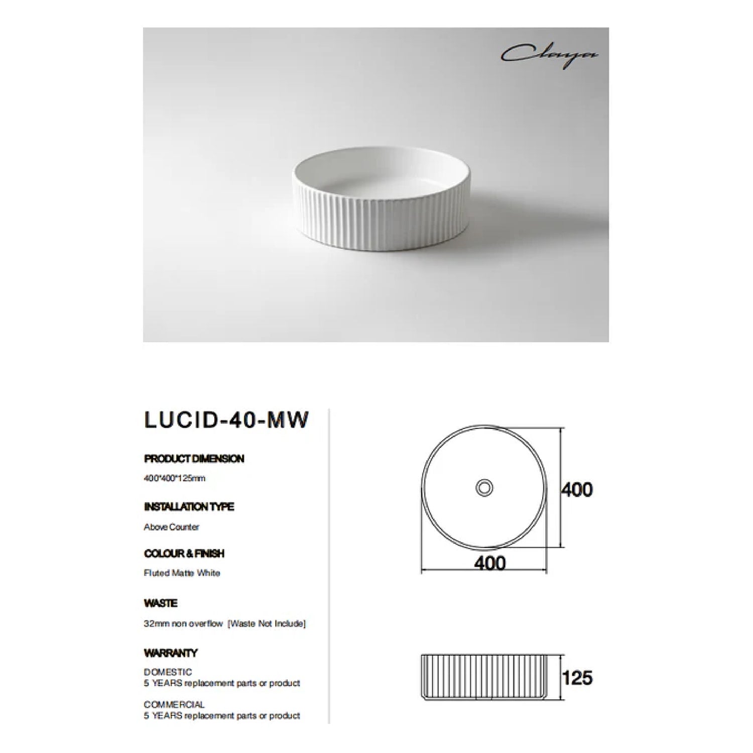 CLAYA Lucid-40 Fluted Ceramic Above Counter Basin – Matte White