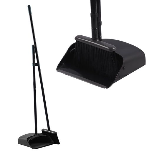 Dolanx Long Handle Broom and Dustpan Set with Convertible Height with Foldable Dustpan - Black