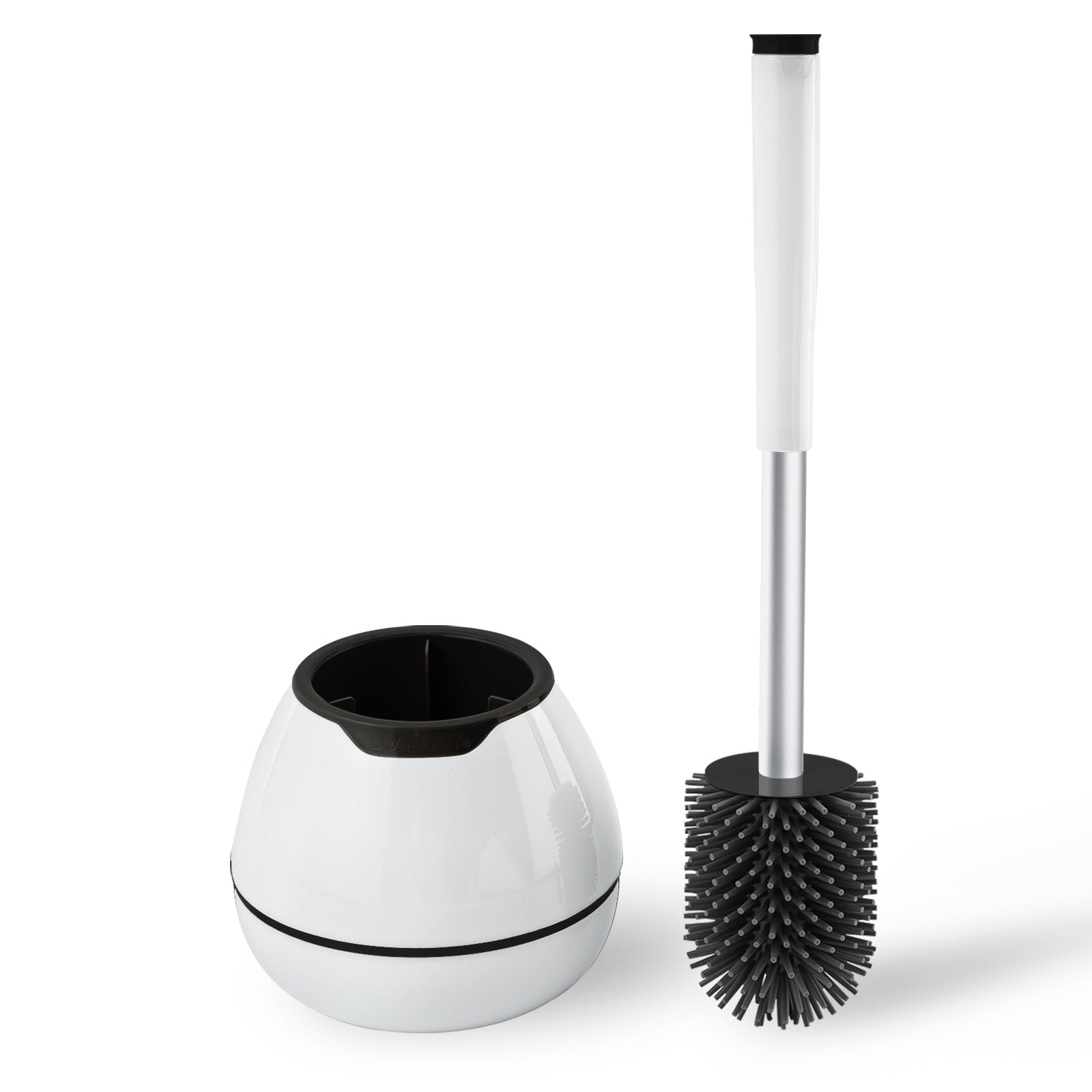 BOOMJOY Toilet Brush and Holder with TPR Rubber and Built-in Tweezer - White/Black