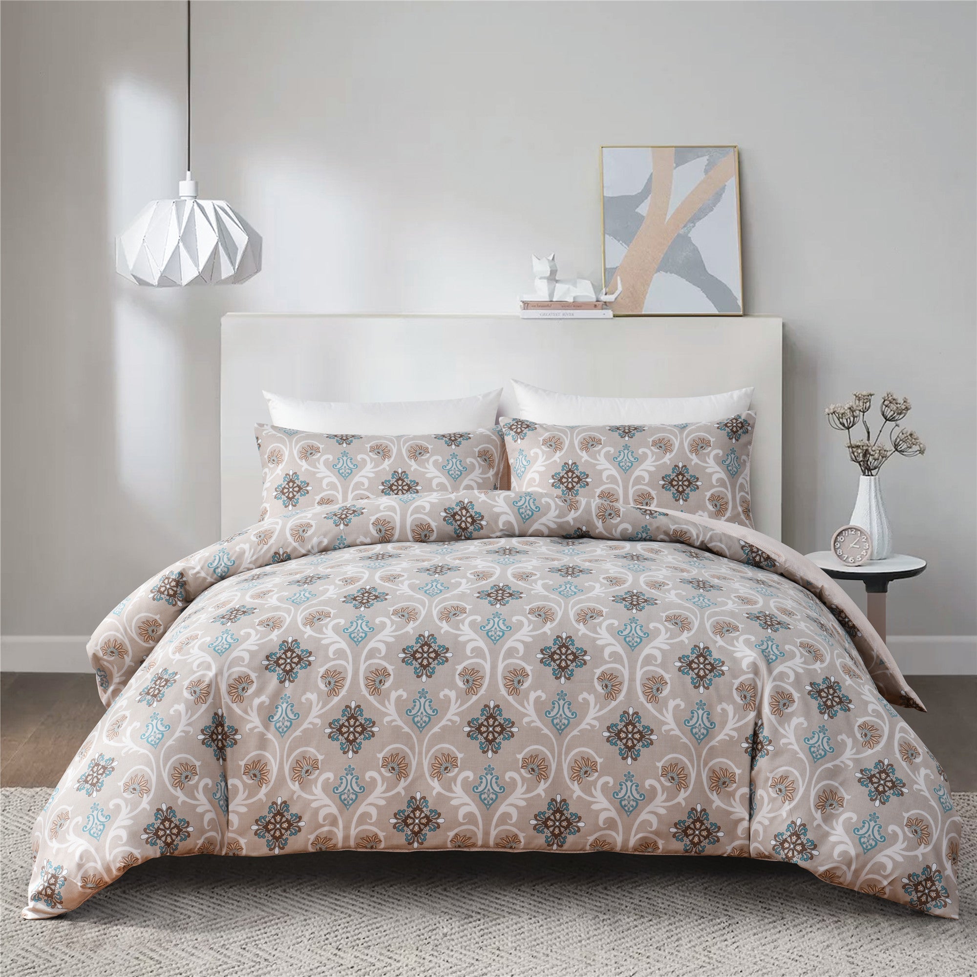 Bellemosa 75D Microfibre Quilt Cover Set - Quilt Cover | Pillowcases | Flat Sheet  - Azure Damask