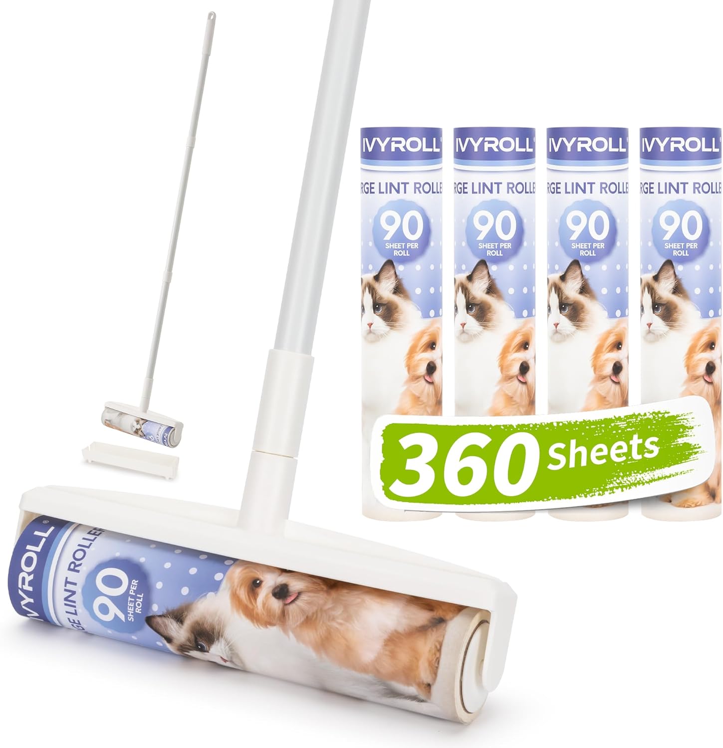 IVYROLL Extra-Wide 24cm Lint Roller with Adjustable Handle with 4 Refill Rollers