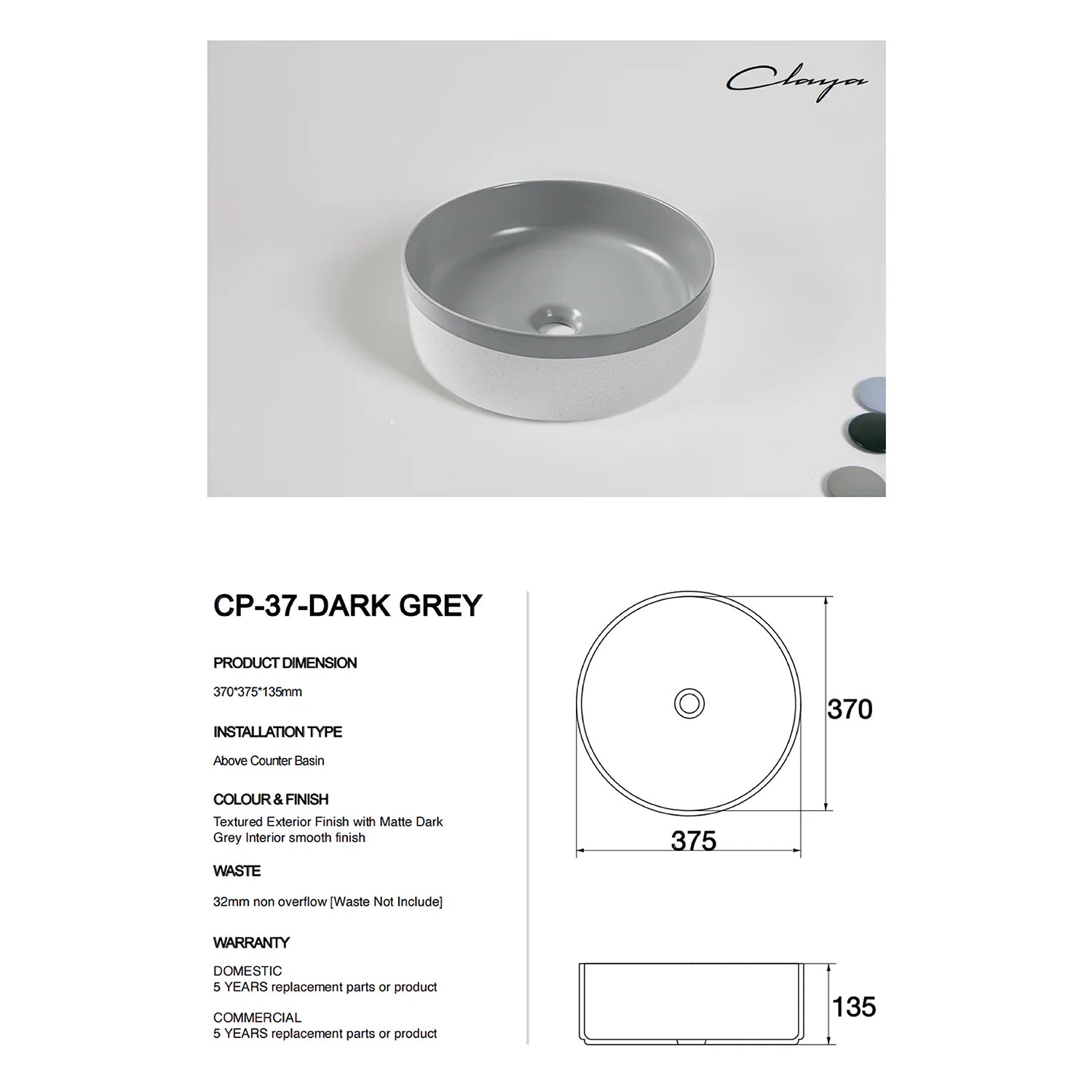CLAYA Colour Plus-37 Ceramic Above Counter Basin – Matte Dark Grey
