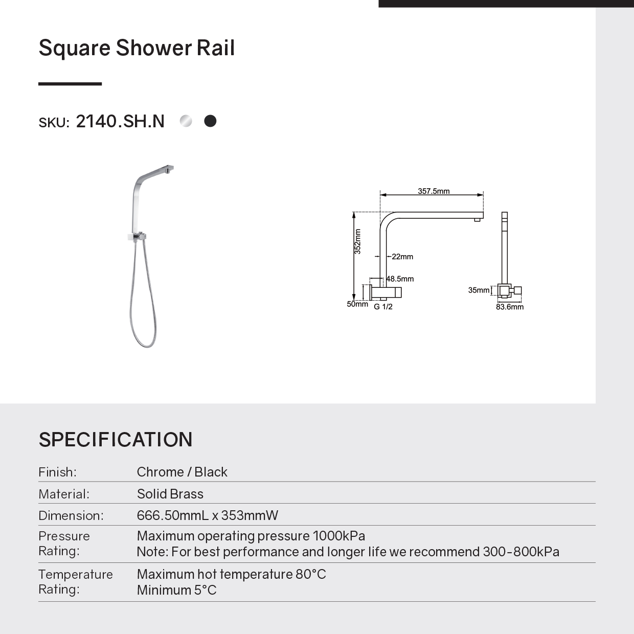 Stainless Steel & Solid Brass Fixed Shower Rail Square - Chrome Silver