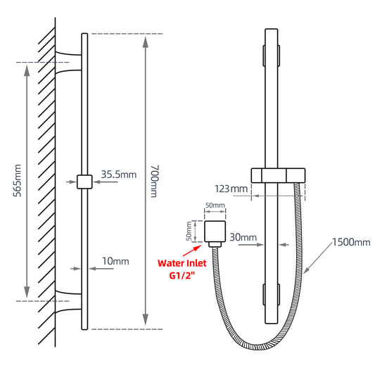 Handheld Shower Rail Flat - Stainless Steel & Solid Brass - Black