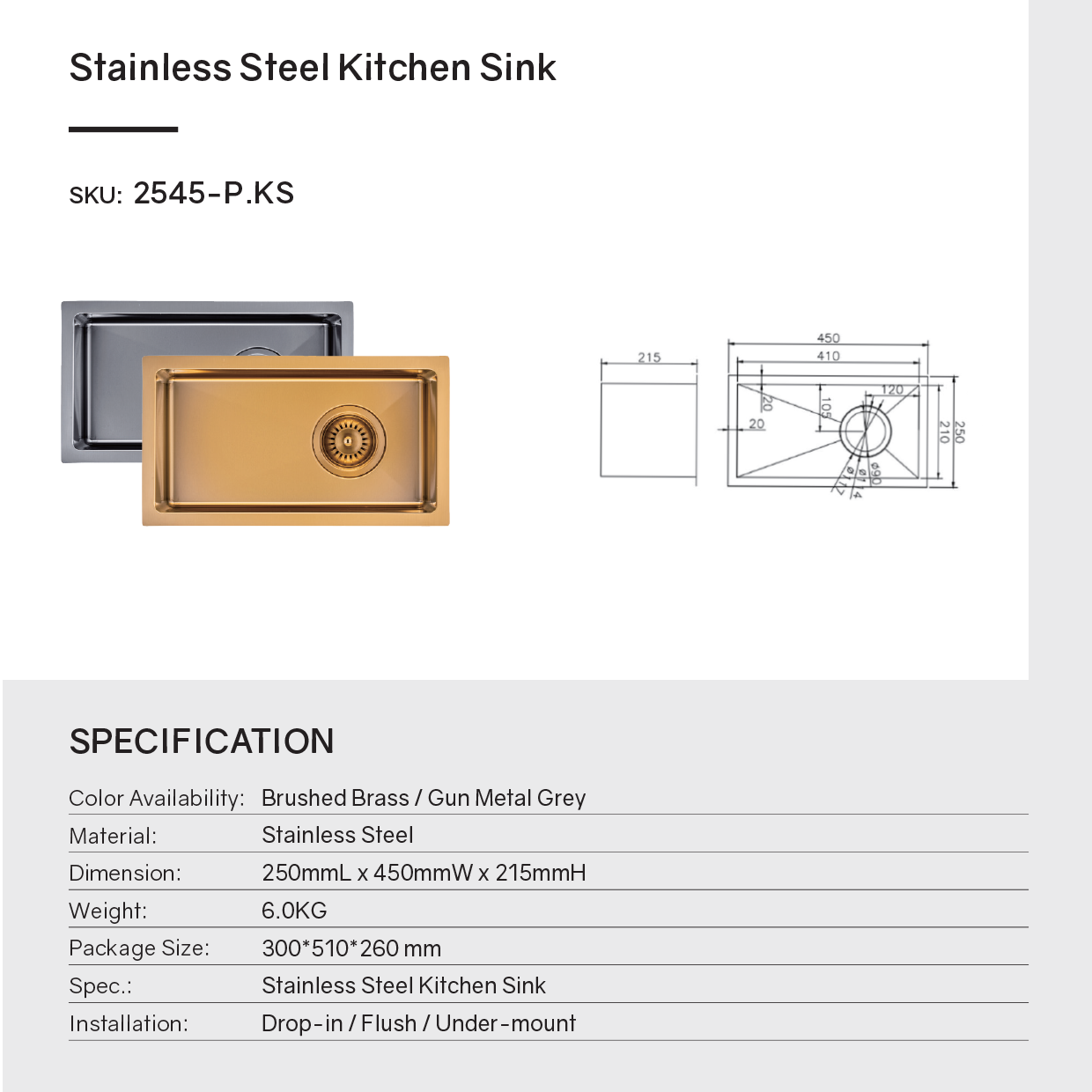 Stainless Steel Single Bowl Kitchen Sink 250 x 450mm - Brushed Brass