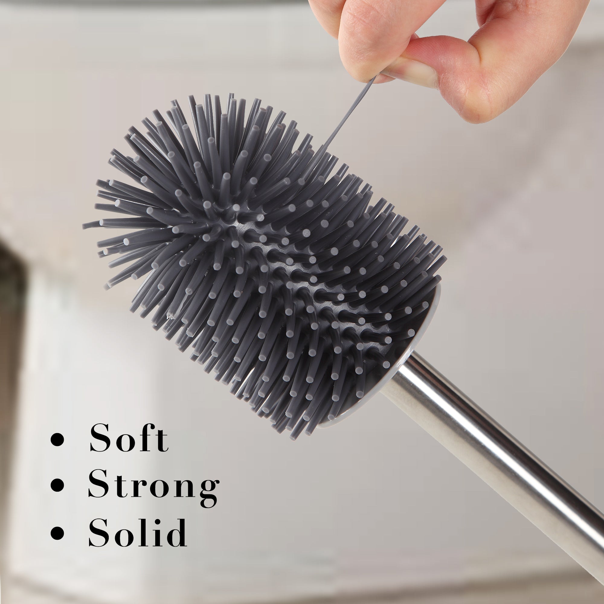 BOOMJOY Toilet Brush and Holder with TPR Rubber and Built-in Tweezer - Grey/Black