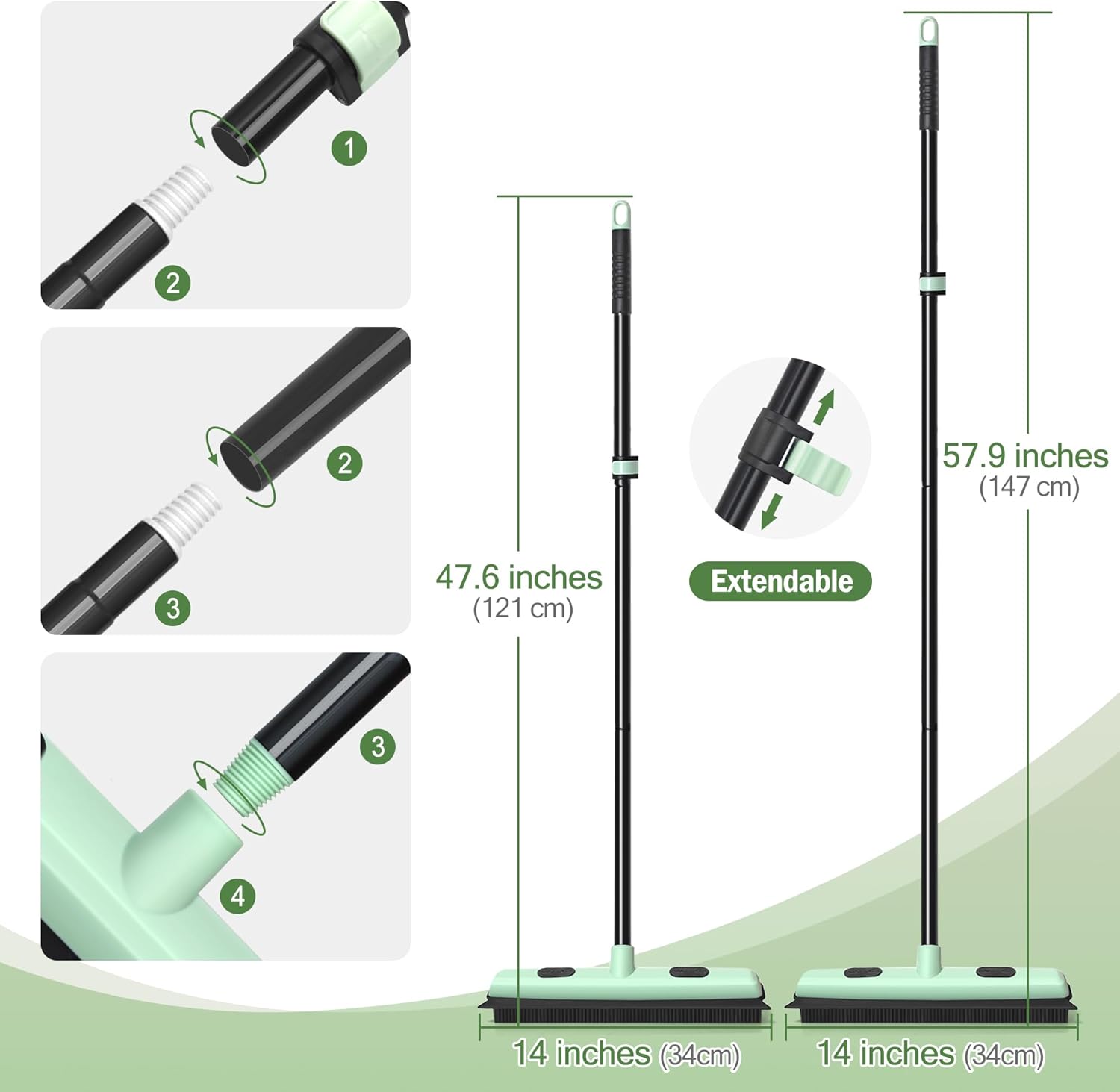 DALIPER 3-in-1 Rubber Broom Pet Hair Remover with Squeegee – Adjustable Telescopic Handle & Detailing Brush for Carpet, Hardwood, and Tile Floors