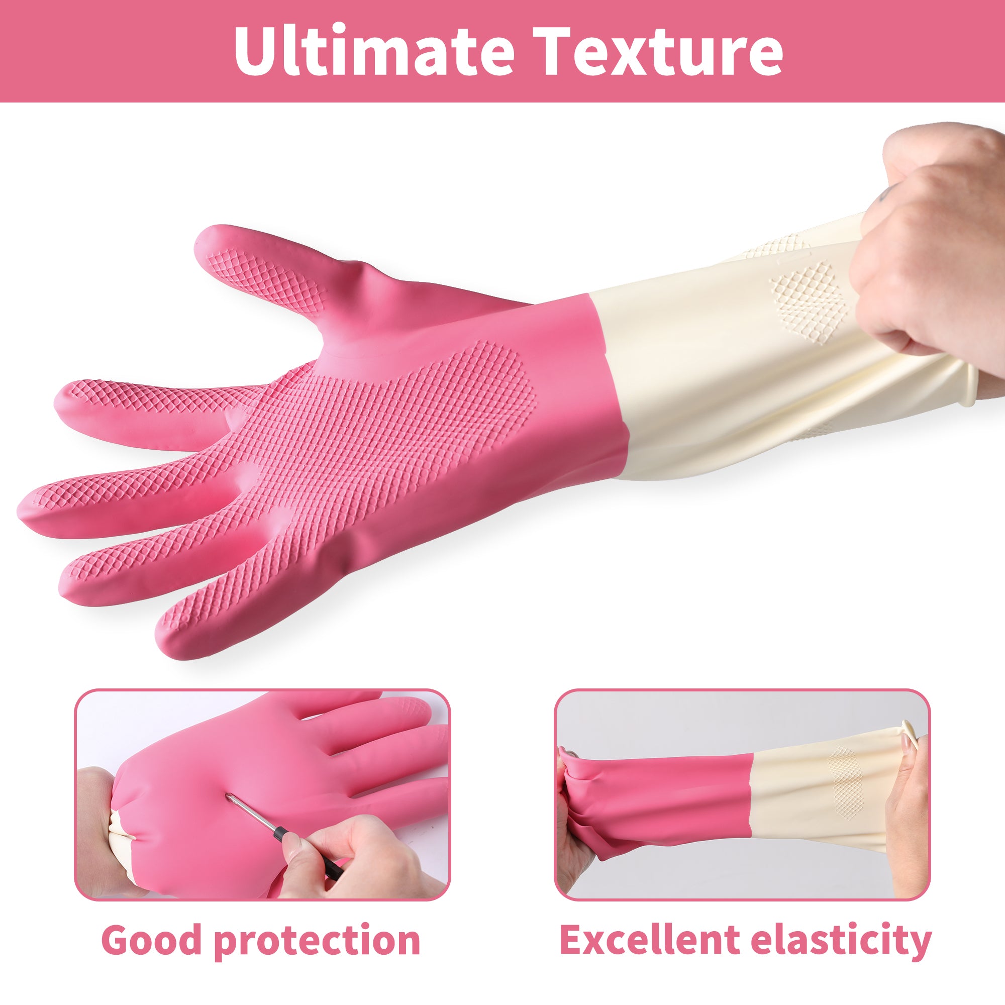 BOOMJOY 3 Pairs Latex Heavy-Duty Cleaning Gloves - Pink