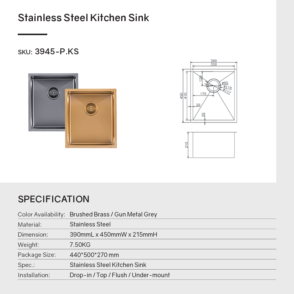 Stainless Steel Single Bowl Kitchen Sink 390x450x215mm - Brushed Brass