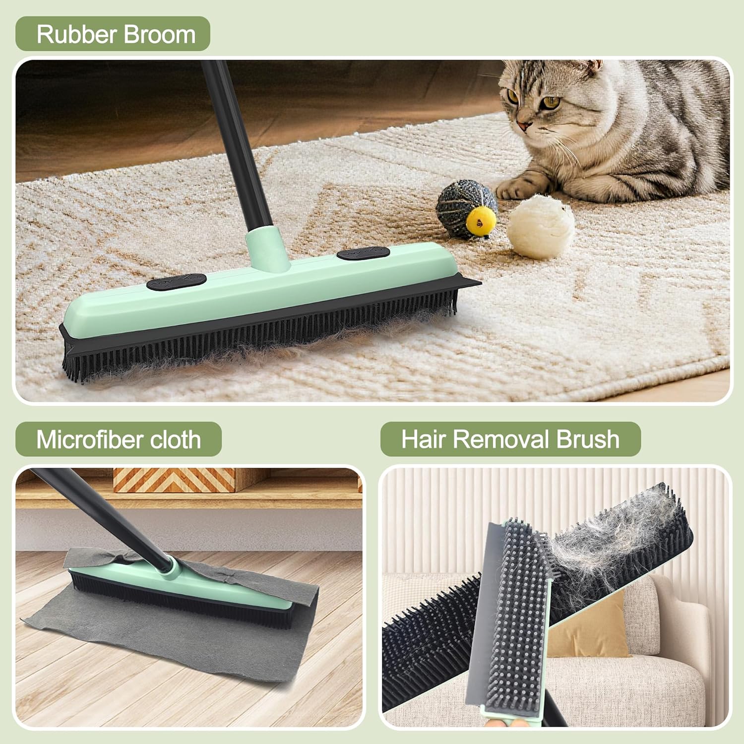 DALIPER 3-in-1 Rubber Broom Pet Hair Remover with Squeegee – Adjustable Telescopic Handle & Detailing Brush for Carpet, Hardwood, and Tile Floors