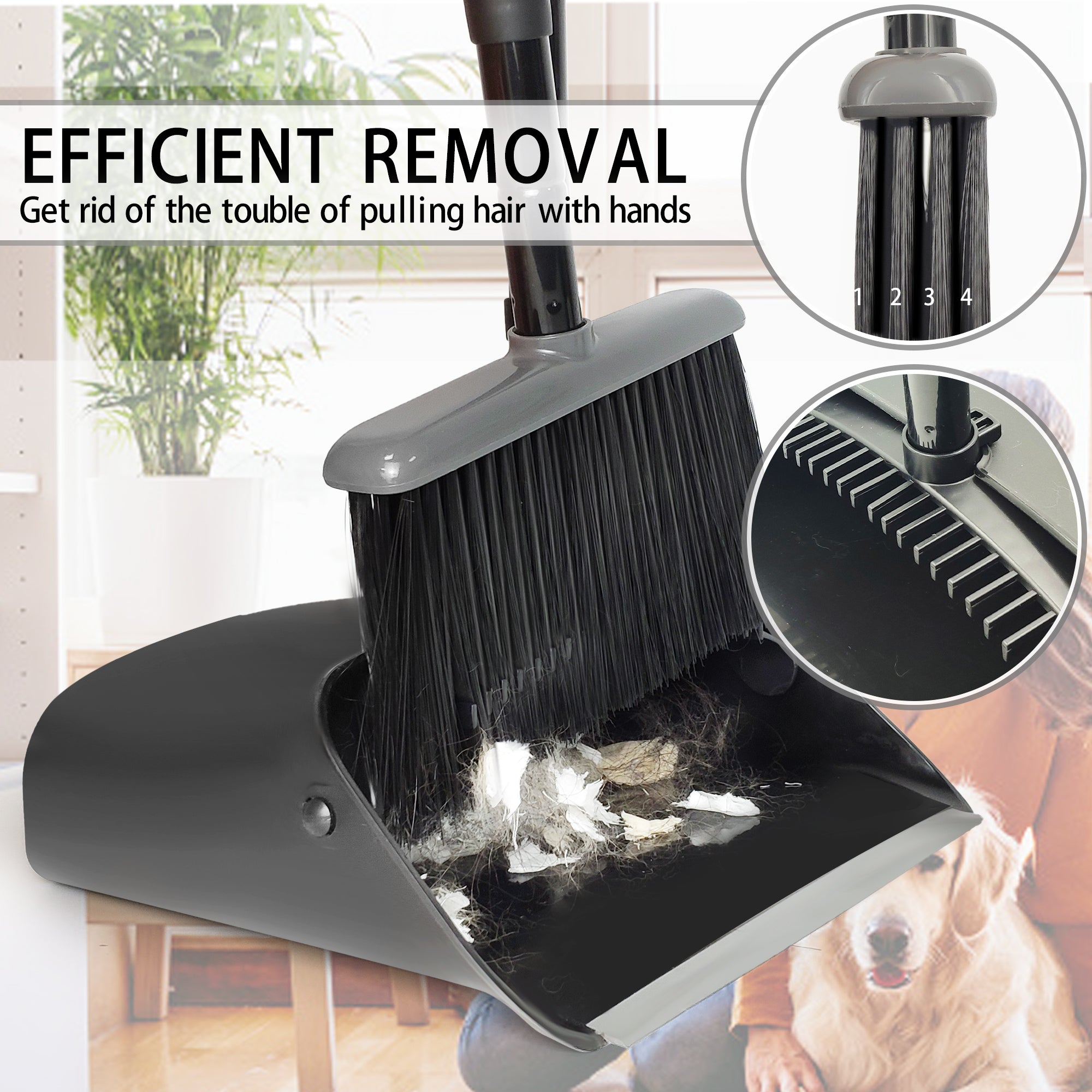 Dolanx Long Handle Broom and Dustpan Set with Convertible Height with Foldable Dustpan - Black