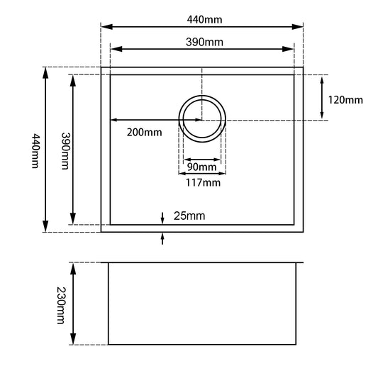 Stainless Steel Round Corner Handmade Single Bowl Kitchen Sink 440*440*230mm- Chrome Silver