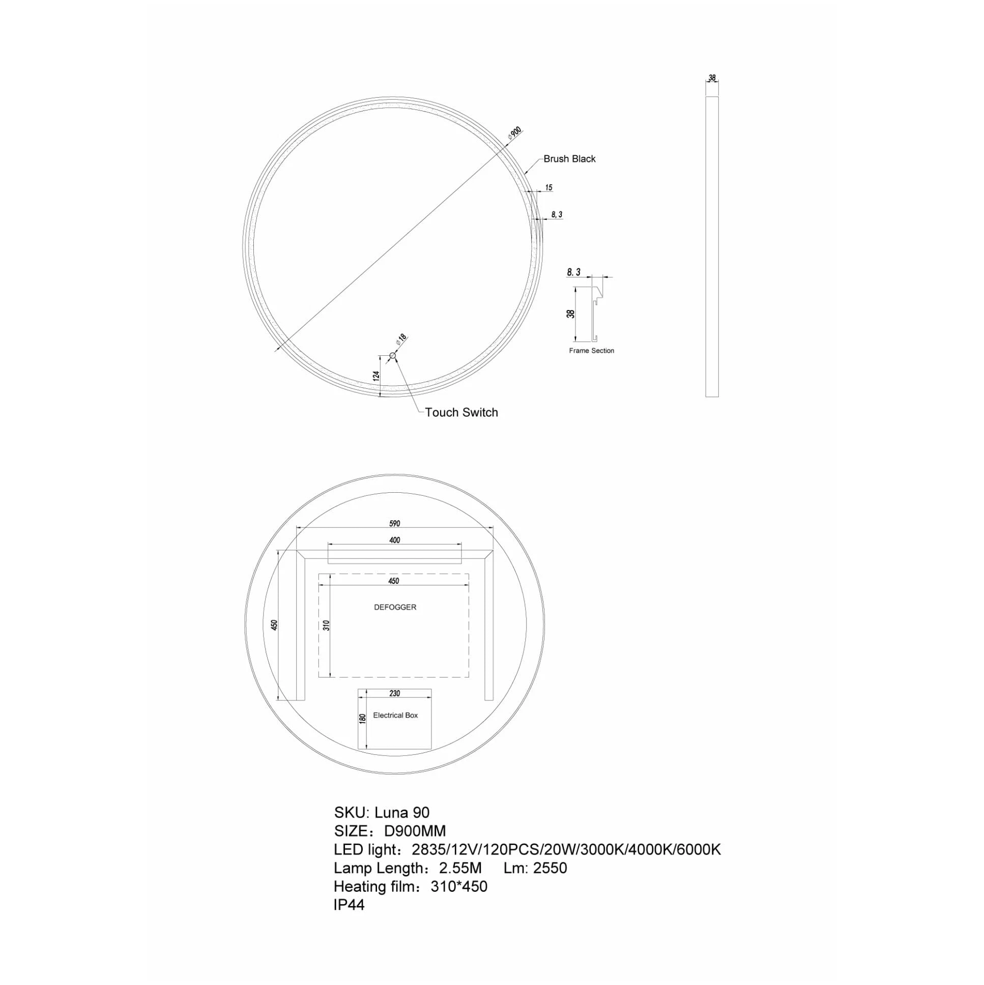 900mm Round LED Dressing Mirror with Black Frame