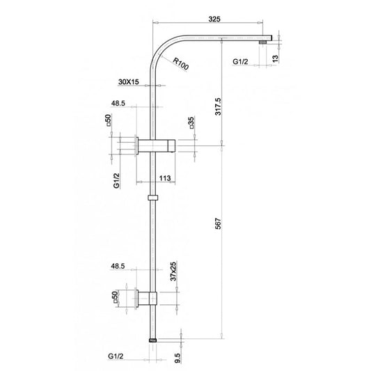 Stainless Steel & Solid Brass Shower Rail Square - Brushed Nickel Silver