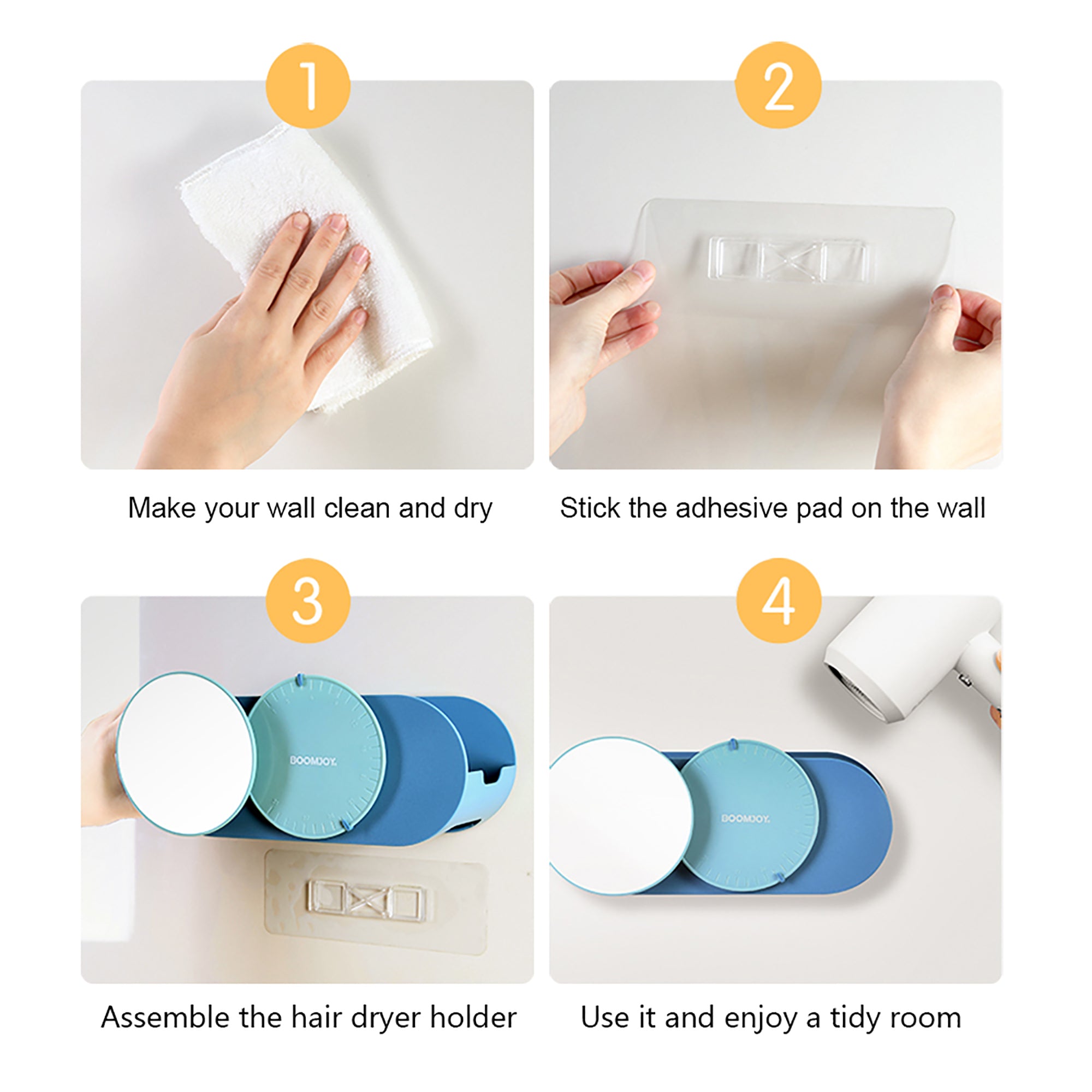 BOOMJOY Drill-Less Wall Mount Hair Dryer Holder with Mirror
