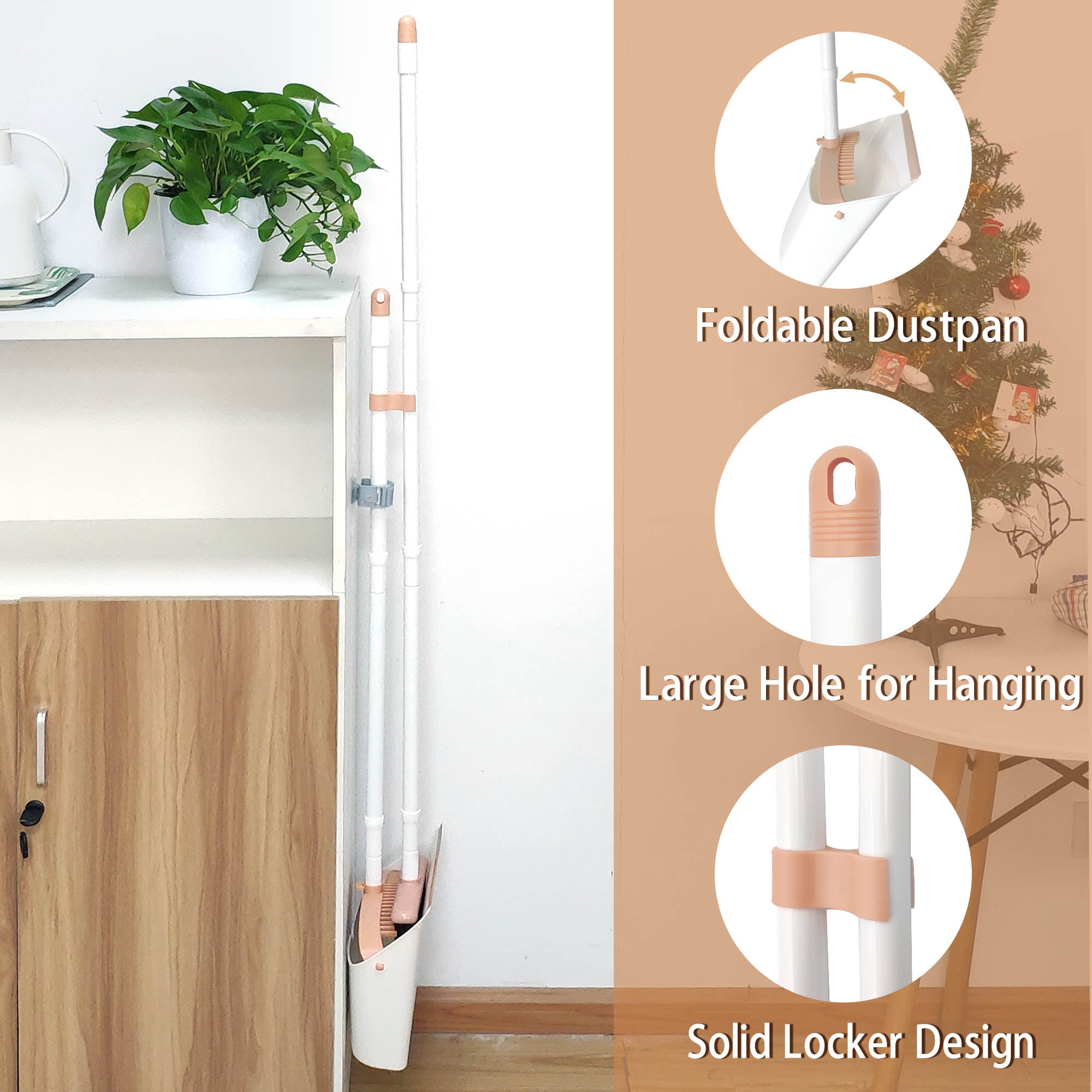 Dolanx Long Handle Broom and Dustpan Set with Convertible Height with Foldable Dustpan - Orange