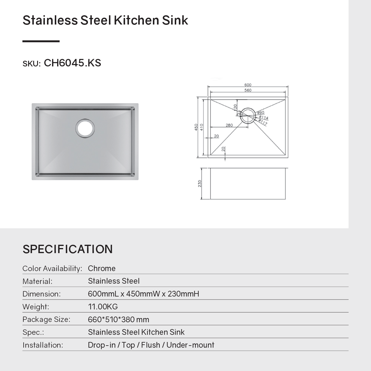 Stainless Steel Round Corner Handmade Single Bowl Kitchen Sink 600x450x230mm- Chrome Silver