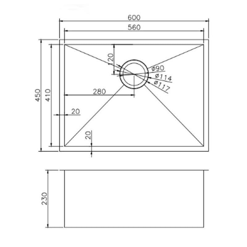 Stainless Steel Round Corner Handmade Single Bowl Kitchen Sink 600x450x230mm- Chrome Silver