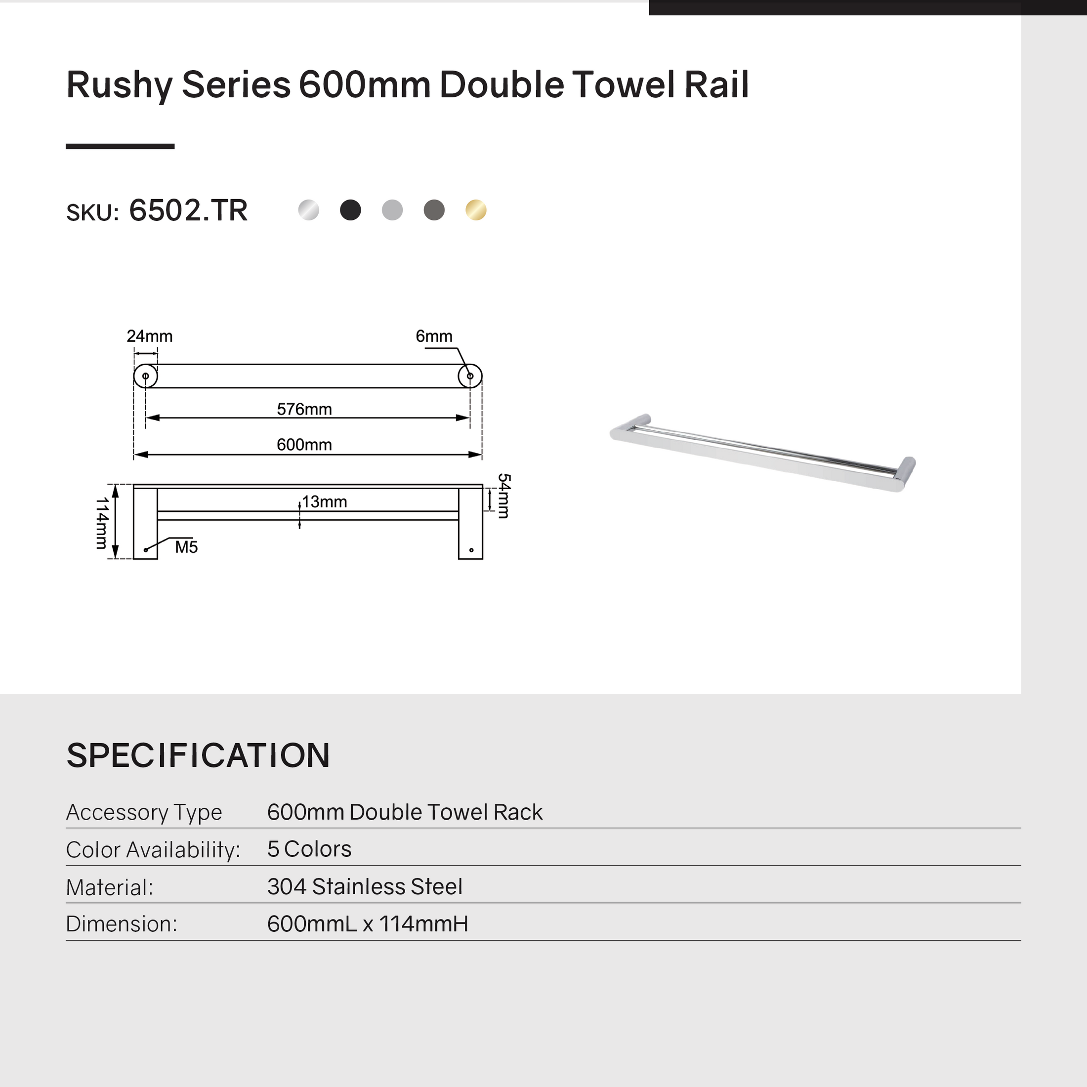 Stainless Steel 600mm Double Towel Rail - Black and Rose Gold - RUSHY