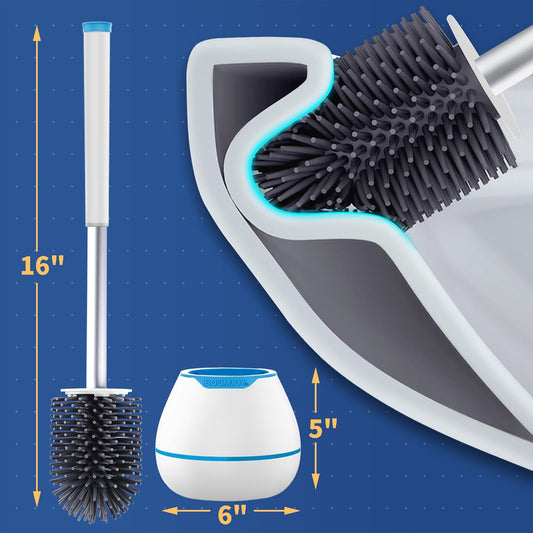 BOOMJOY Toilet Brush and Holder with TPR Rubber and Built-in Tweezer - White/Blue