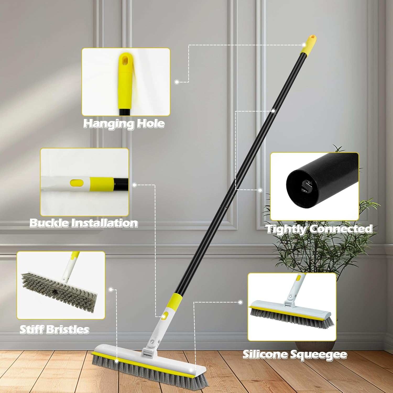 DALIPER 2-in-1 Floor Scrub Brush with Long Handle & Squeegee – 180° Rotating Tile, Bathroom, Deck & Kitchen Cleaning Brush