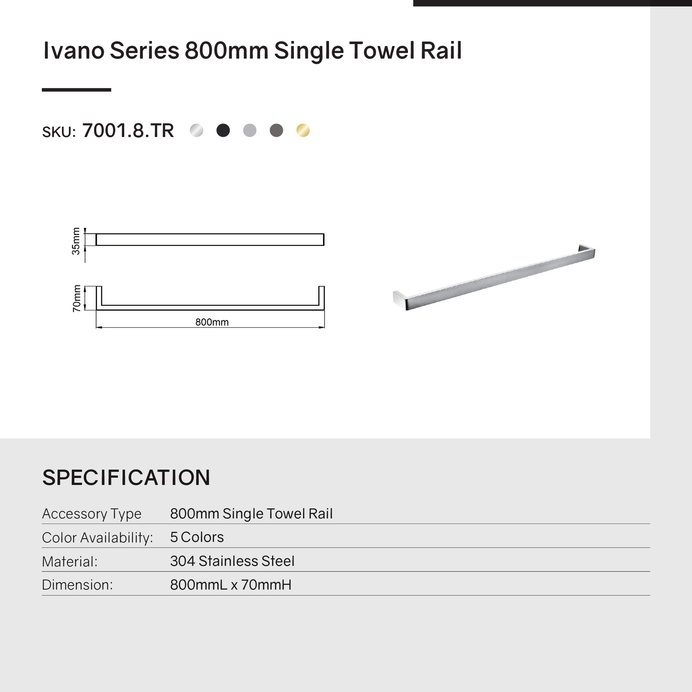 Stainless Steel 800mm Single Towel Rail - Black- IVANO