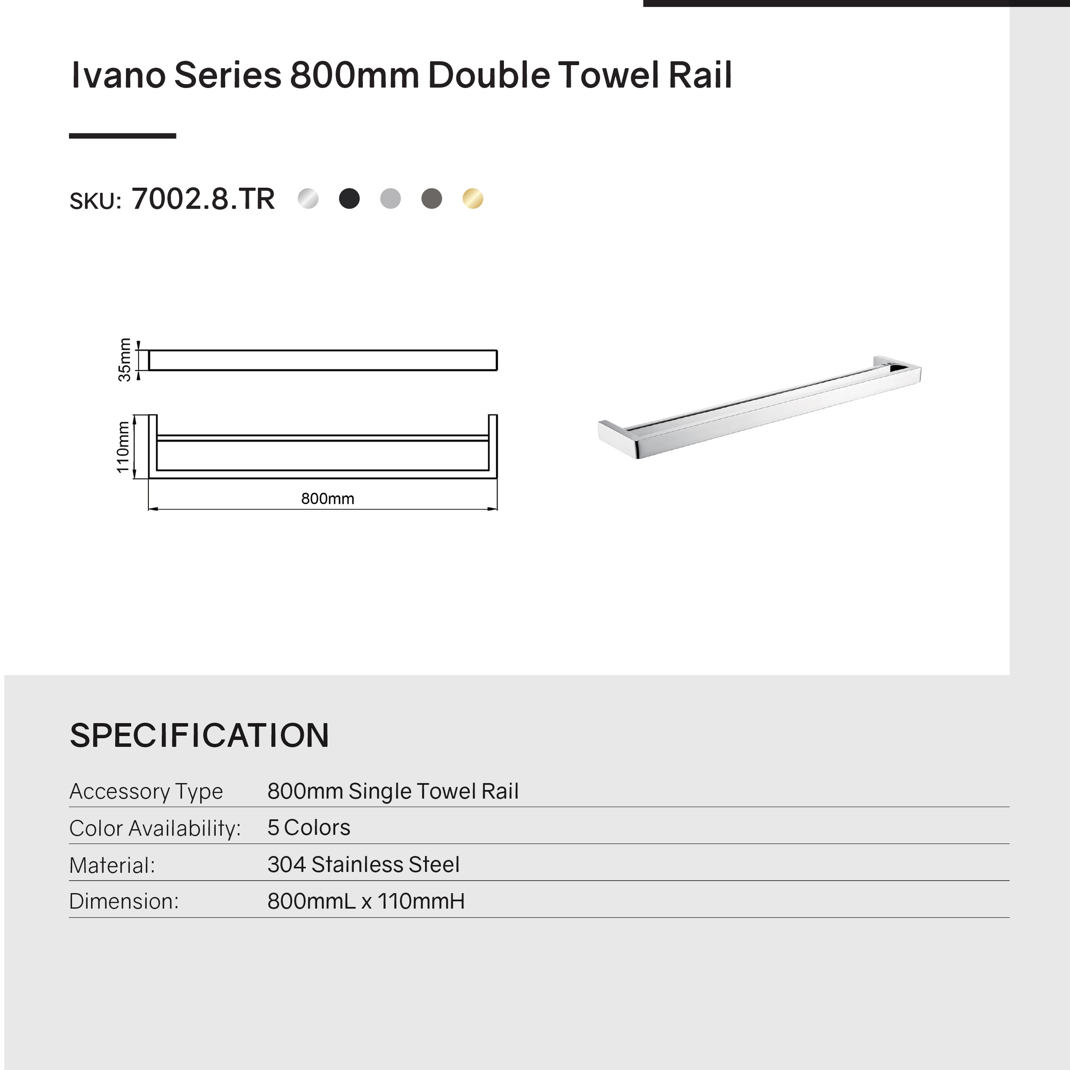 Stainless Steel 800mm Double Towel Rail - Brushed Brass Gold - IVANO