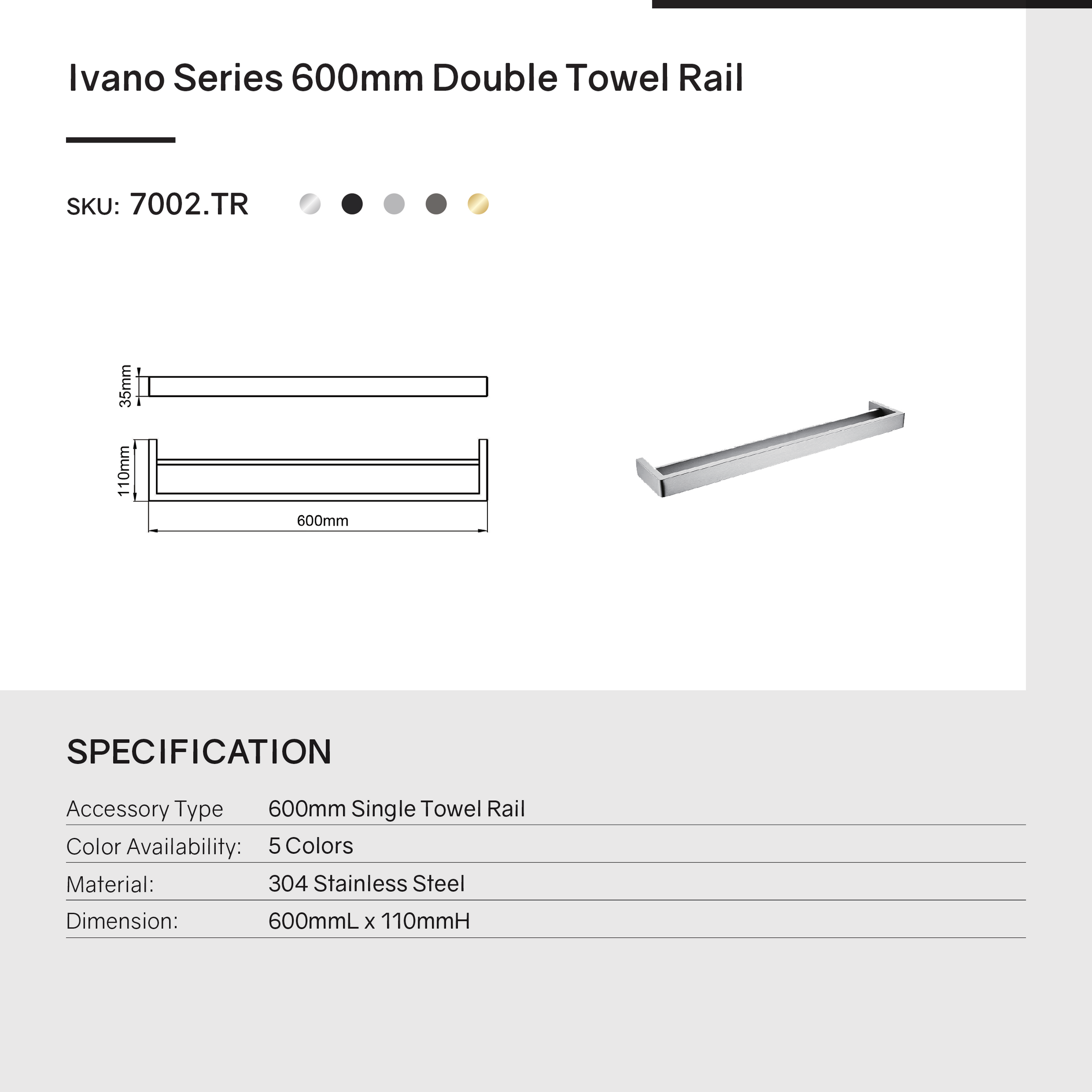 Stainless Steel 600mm Double Towel Rail - Chrome Silver - IVANO