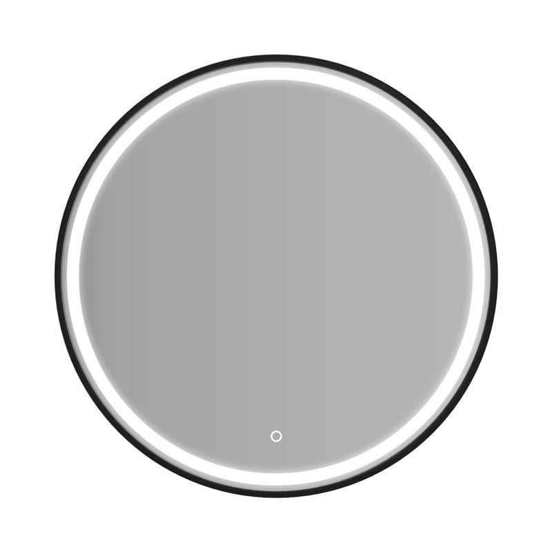 750mm round LED dressing mirror with black aluminium frame, anti-fog defogger, touch sensor and adjustable 3000K–6000K LED lighting. IP44 rated.-LED Mirror-Ezymall AU