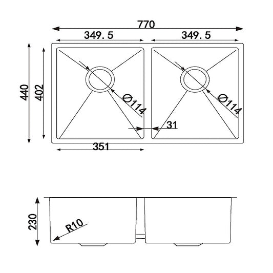 Stainless Steel 770x440x230mm Double Bowl Kitchen Sink - Chrome Silver