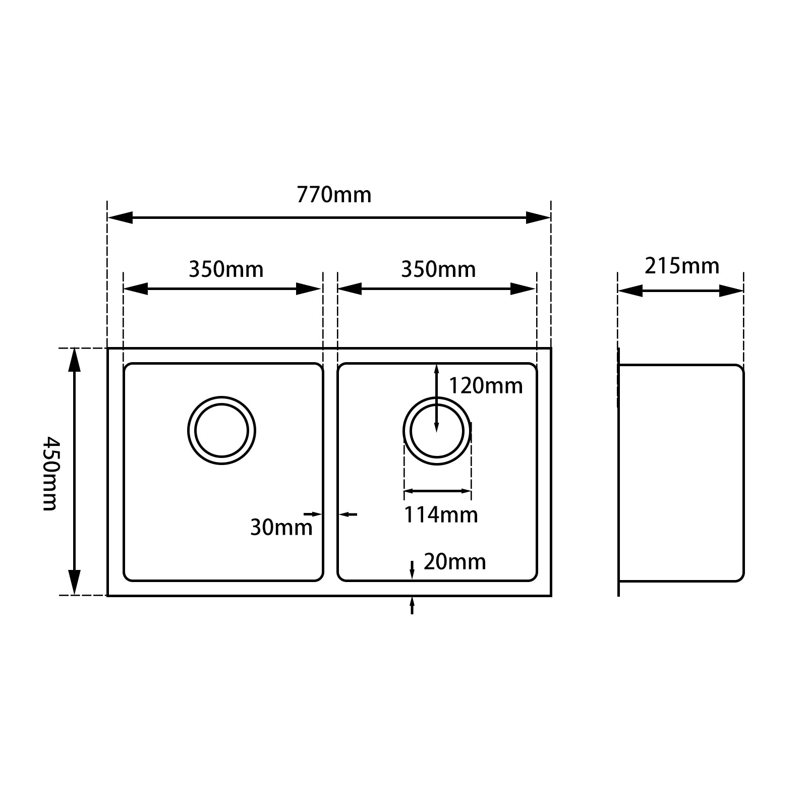 Stainless Steel 770x450x215mm Double Bowl Kitchen Sink - Gunmetal Grey