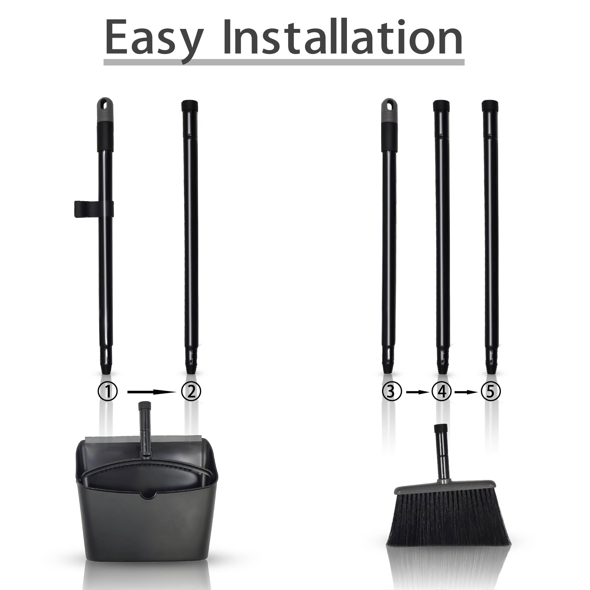 Dolanx Long Handle Broom and Dustpan Set with Convertible Height with Foldable Dustpan - Black