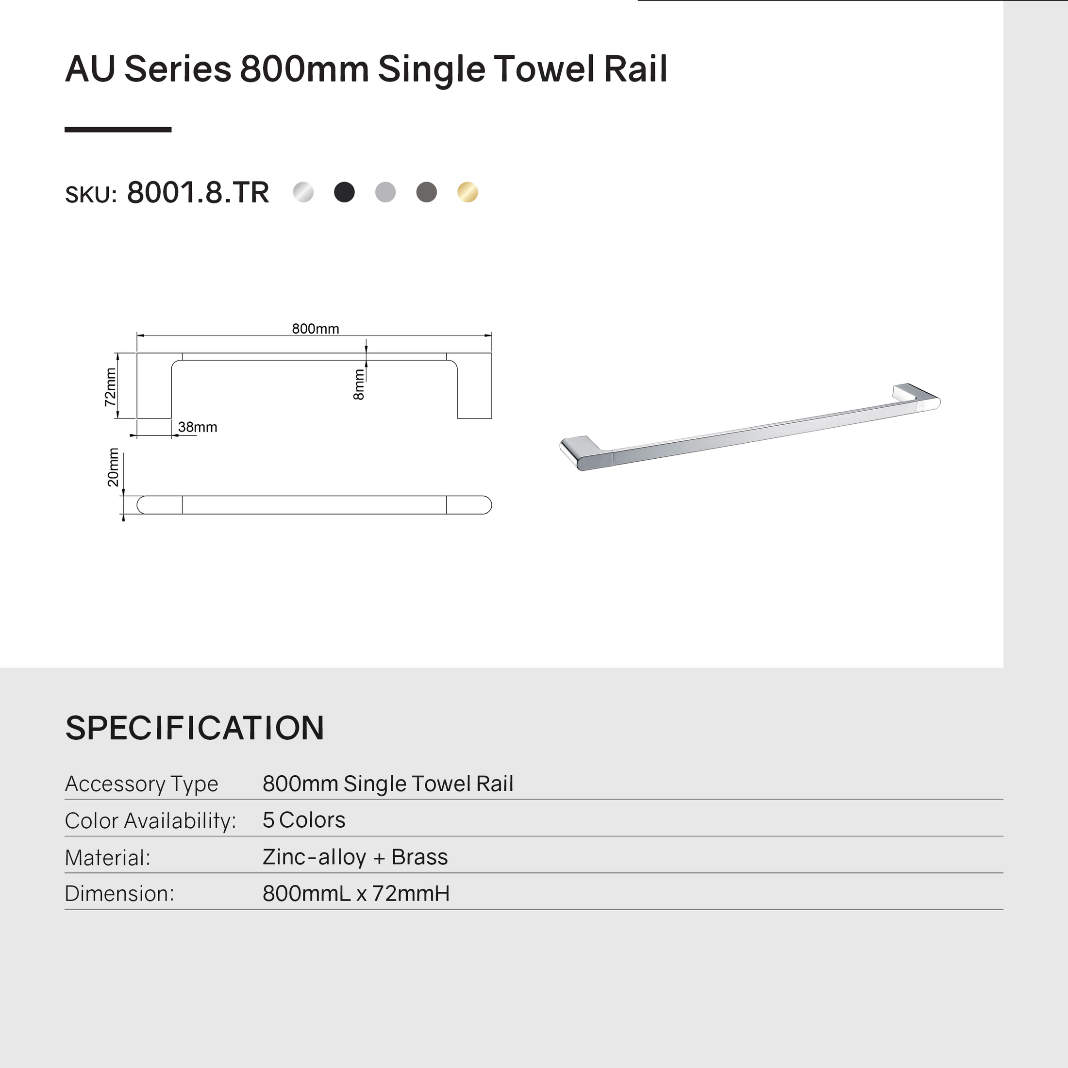 Zinc-Alloy and Brass 800mm Single Towel Rail - Brushed Nickel Silver - VOG