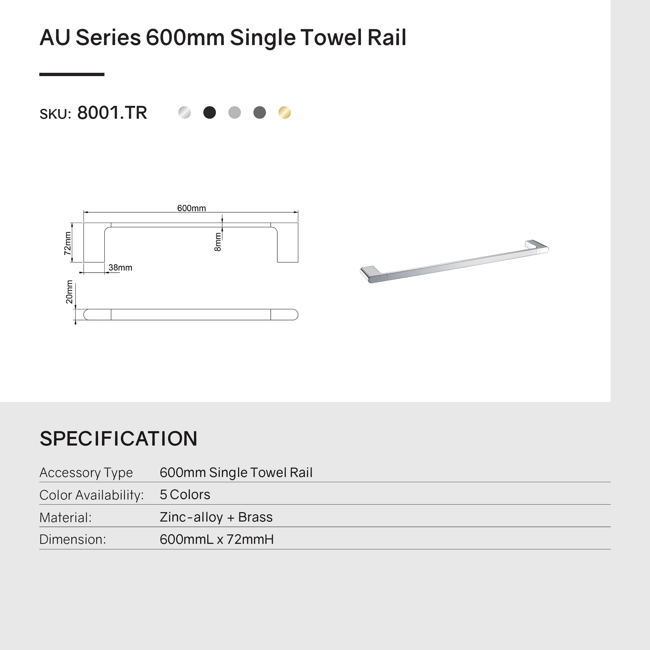 Zinc-Alloy and Brass 600mm Single Towel Rail - Chrome Silver - VOG