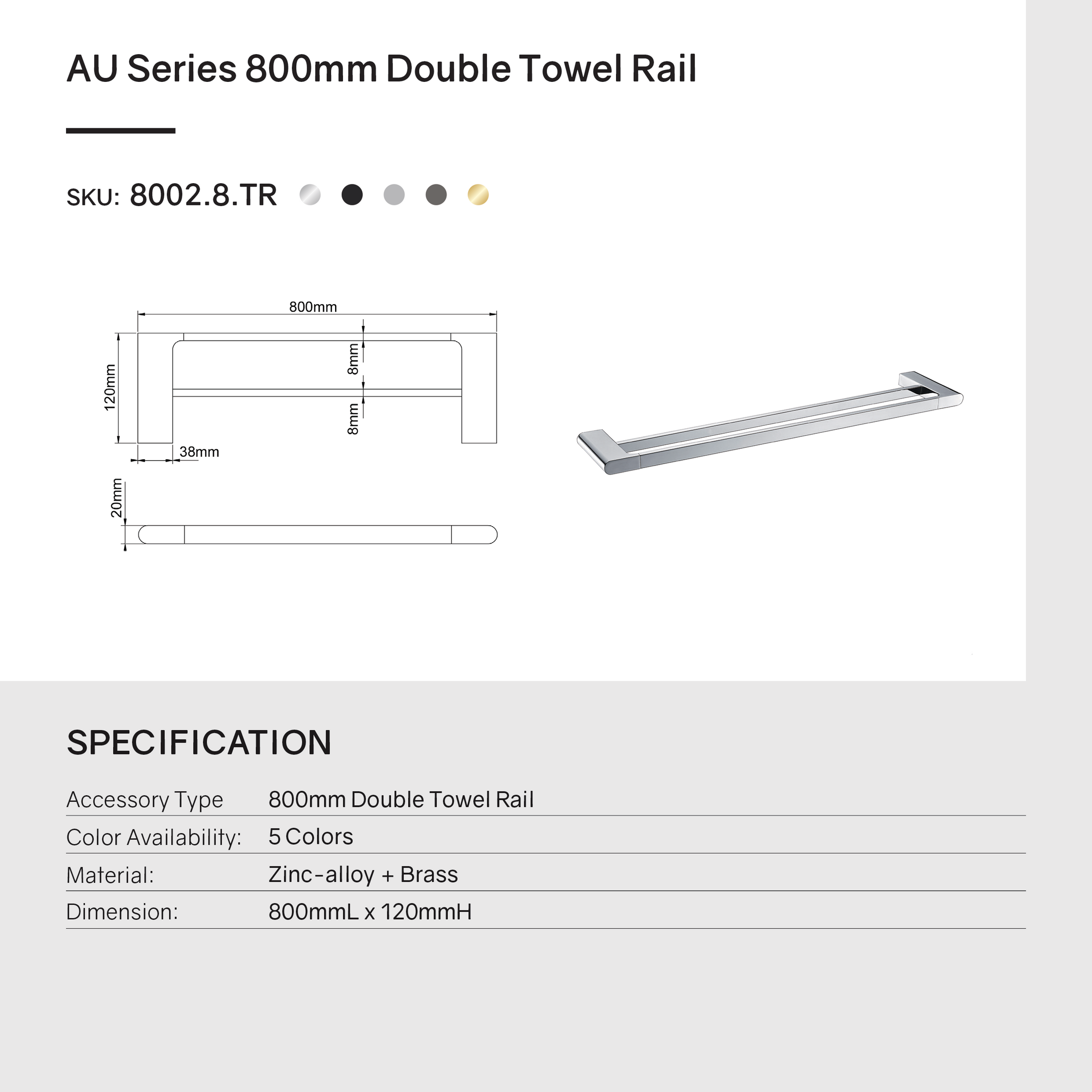 Zinc-Alloy and Brass 800mm Double Towel Rail - Chrome Silver - VOG