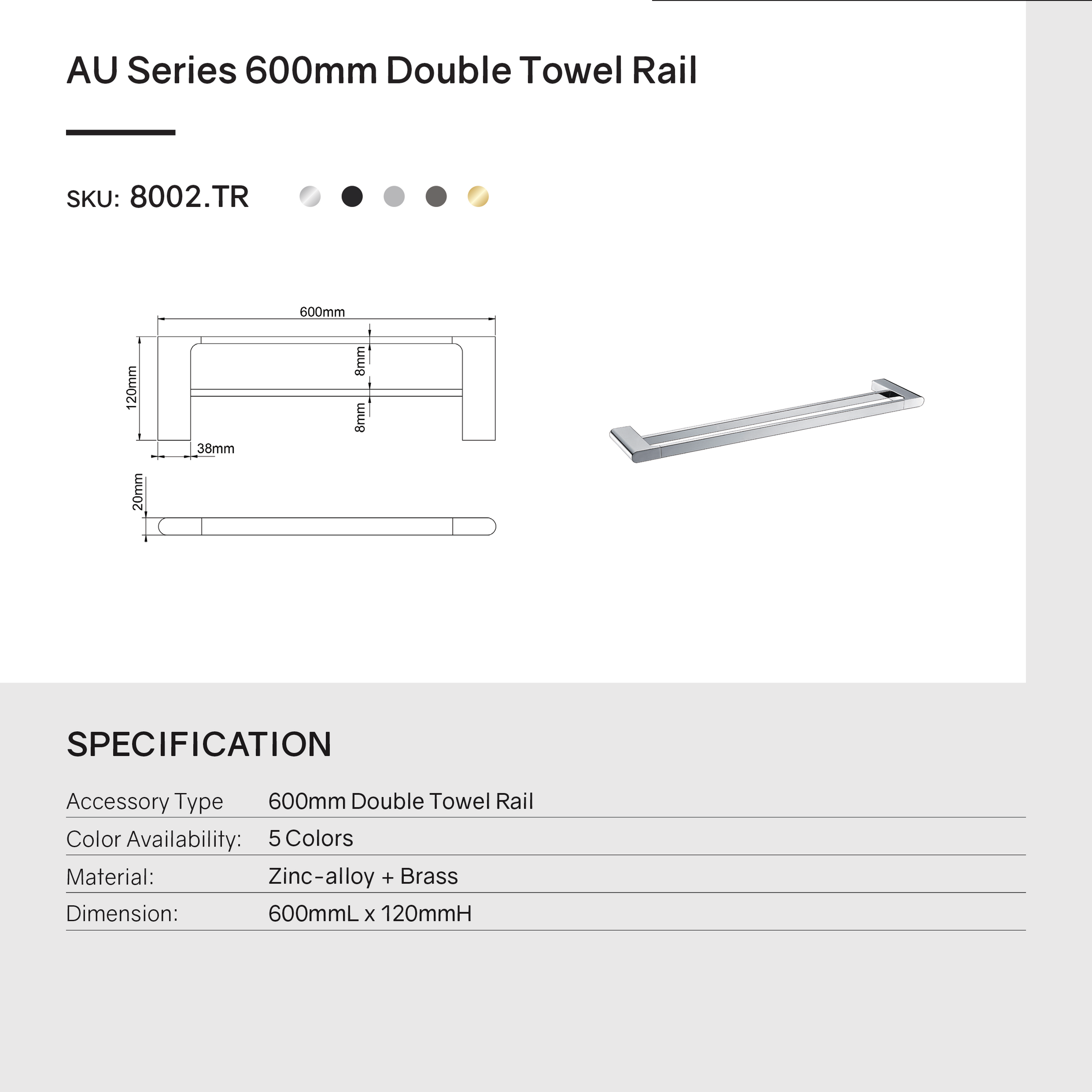 Zinc-Alloy and Brass 600mm Double Towel Rail - Brushed Nickel Silver - VOG