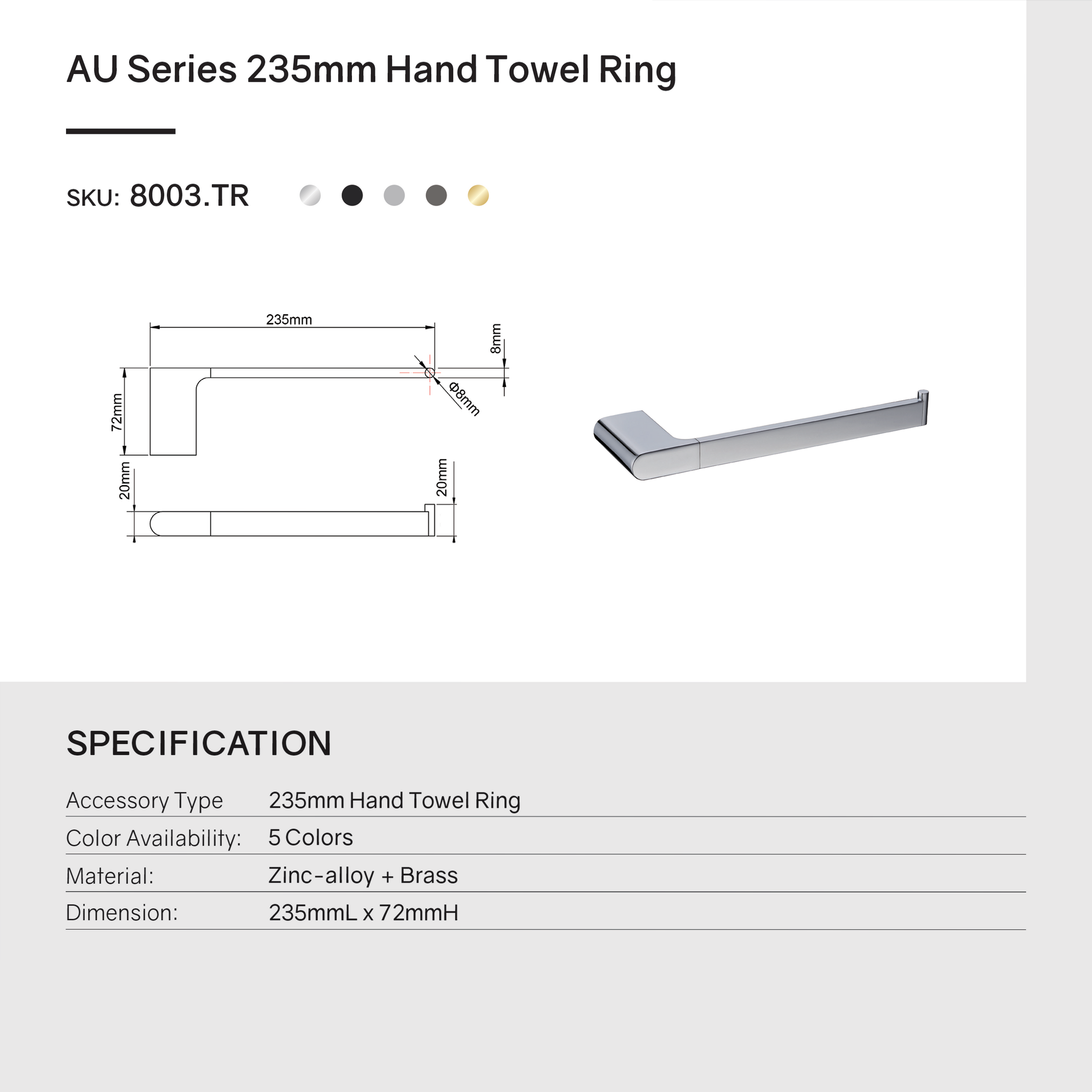 Zinc-Alloy and Brass Hand Towel Rail - Chrome Silver - VOG