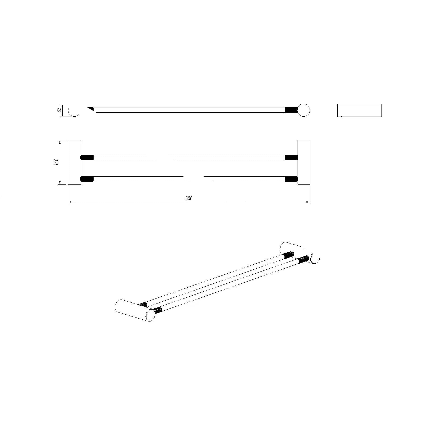 CADDENCE Double Towel Rail 600mm - Brass - Brushed Brass Gold