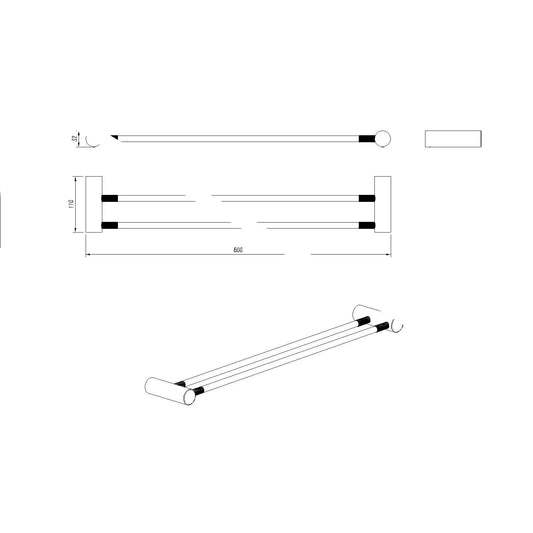 CADDENCE Double Towel Rail 600mm - Brass - Brushed Nickel Silver