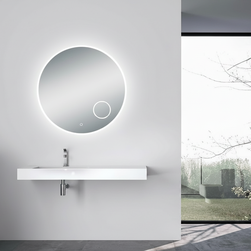 900mm round LED bathroom mirror with 3× magnifying mirror, anti-fog defogger, touch sensor, 3 light colours, SAA approved and IP44 rated.-LED Mirror-Ezymall AU