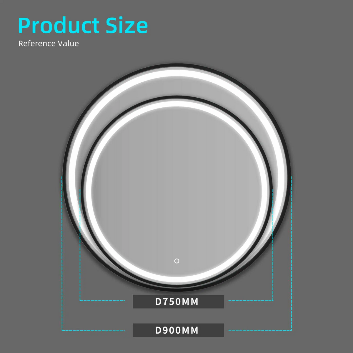 Round LED dressing mirror with black frame detail view