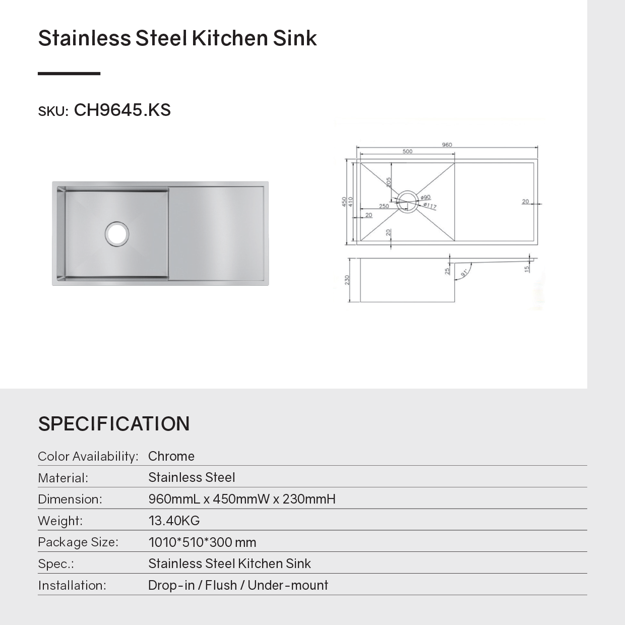 Stainless Steel Handmade Single Bowl Kitchen Sink with Drain Board 960*450*230mm- Chrome Silver