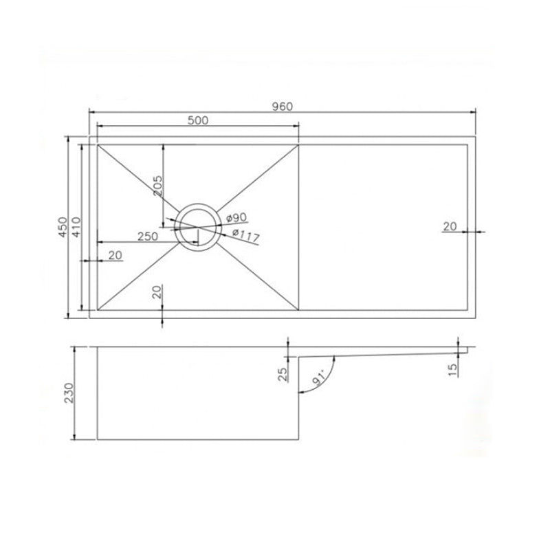 Stainless Steel Handmade Single Bowl Kitchen Sink with Drain Board 960*450*230mm- Chrome Silver