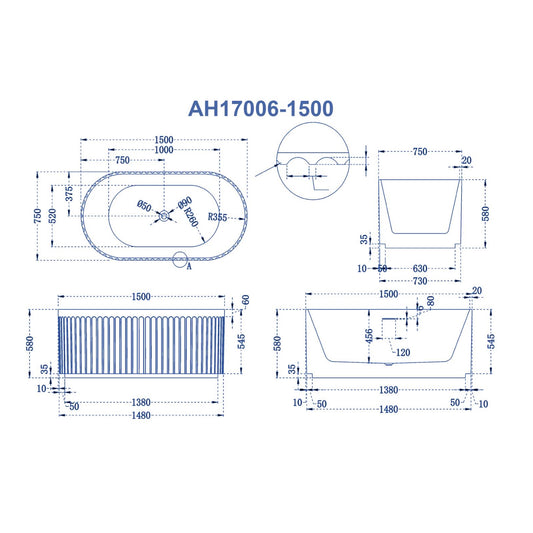 Aquaperla 1500mm Fluted Freestanding Bathtub -Matte White