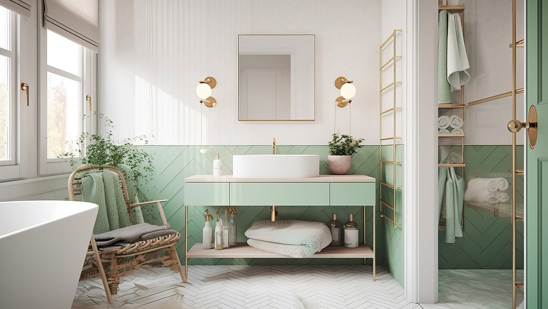 A modern bathroom interior with a mint green vanity, white vessel sink, gold-framed mirror and sconces, a freestanding bathtub, and a glass-enclosed shower area with towels.