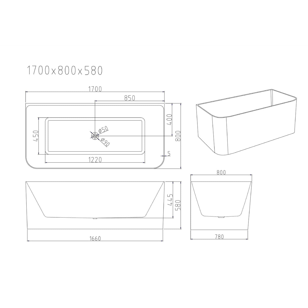 1700mm MERCIO Bullion Ultra-Thin Back-to-Wall Bathtub dimensions diagram