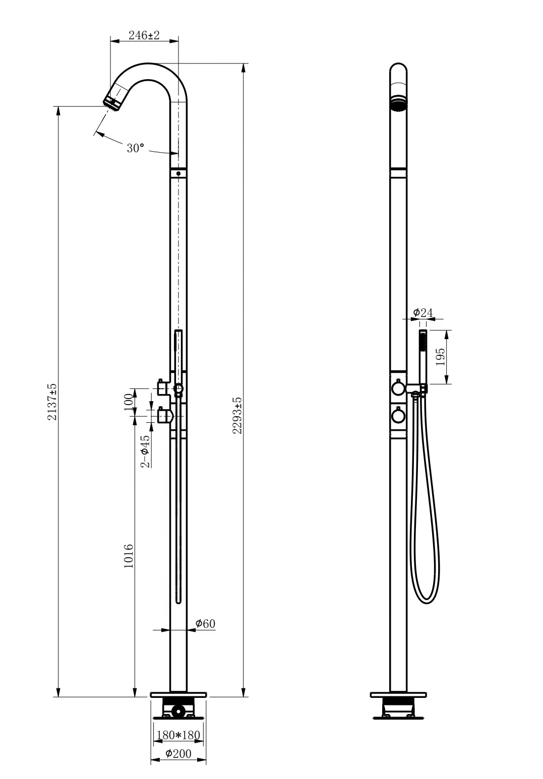 Stainless Steel Outdoor Freestanding Shower with Handheld Shower Head- Brushed Nickel Silver