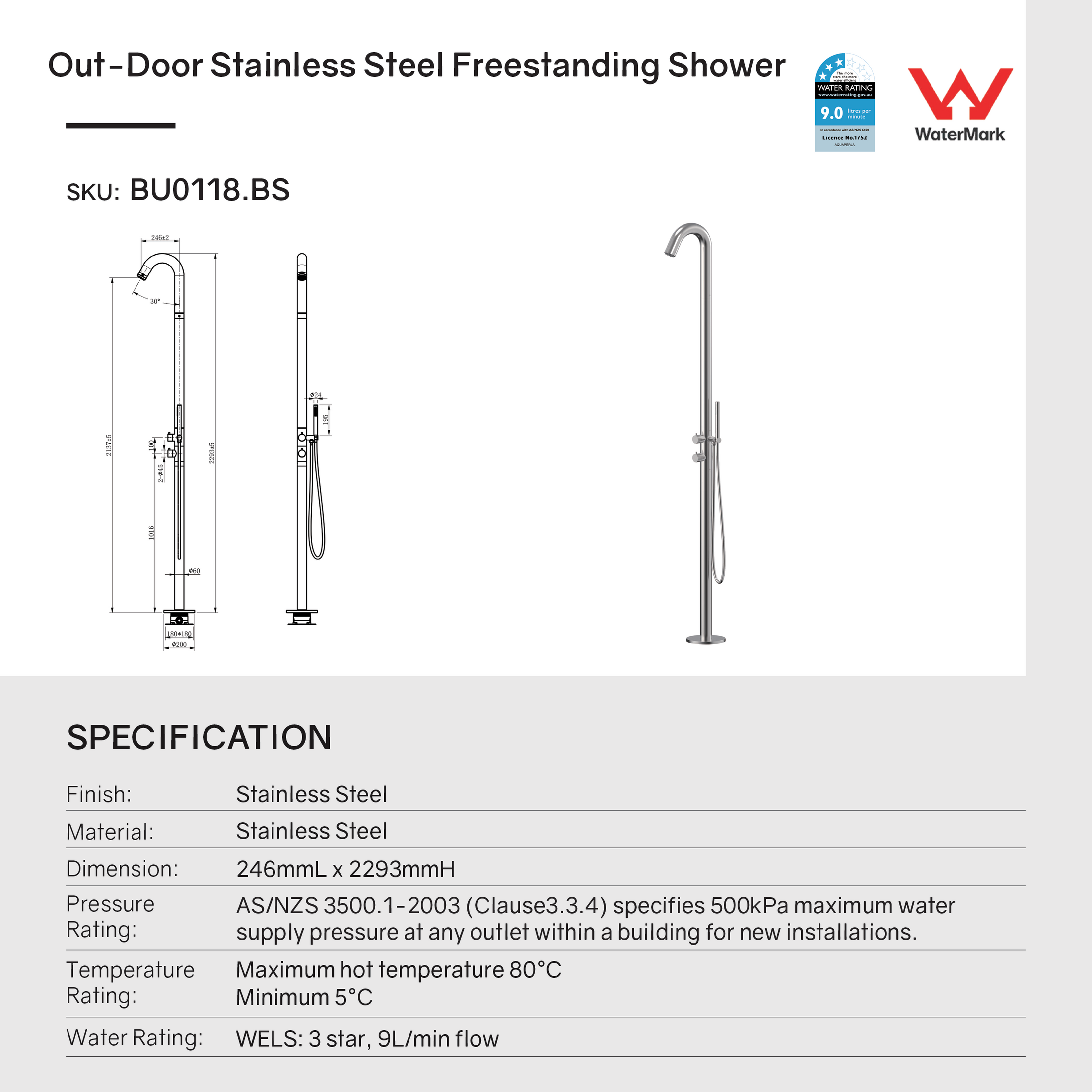 Stainless Steel Outdoor Freestanding Shower with Handheld Shower Head- Brushed Nickel Silver