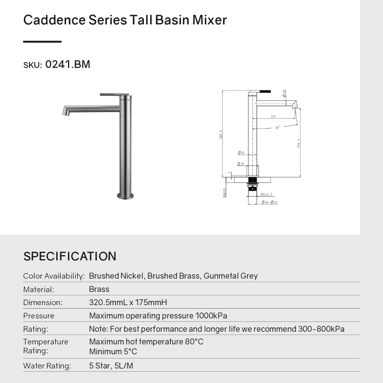 CADDENCE Tall Basin Mixer - Solid Brass - Brushed Nickel Silver