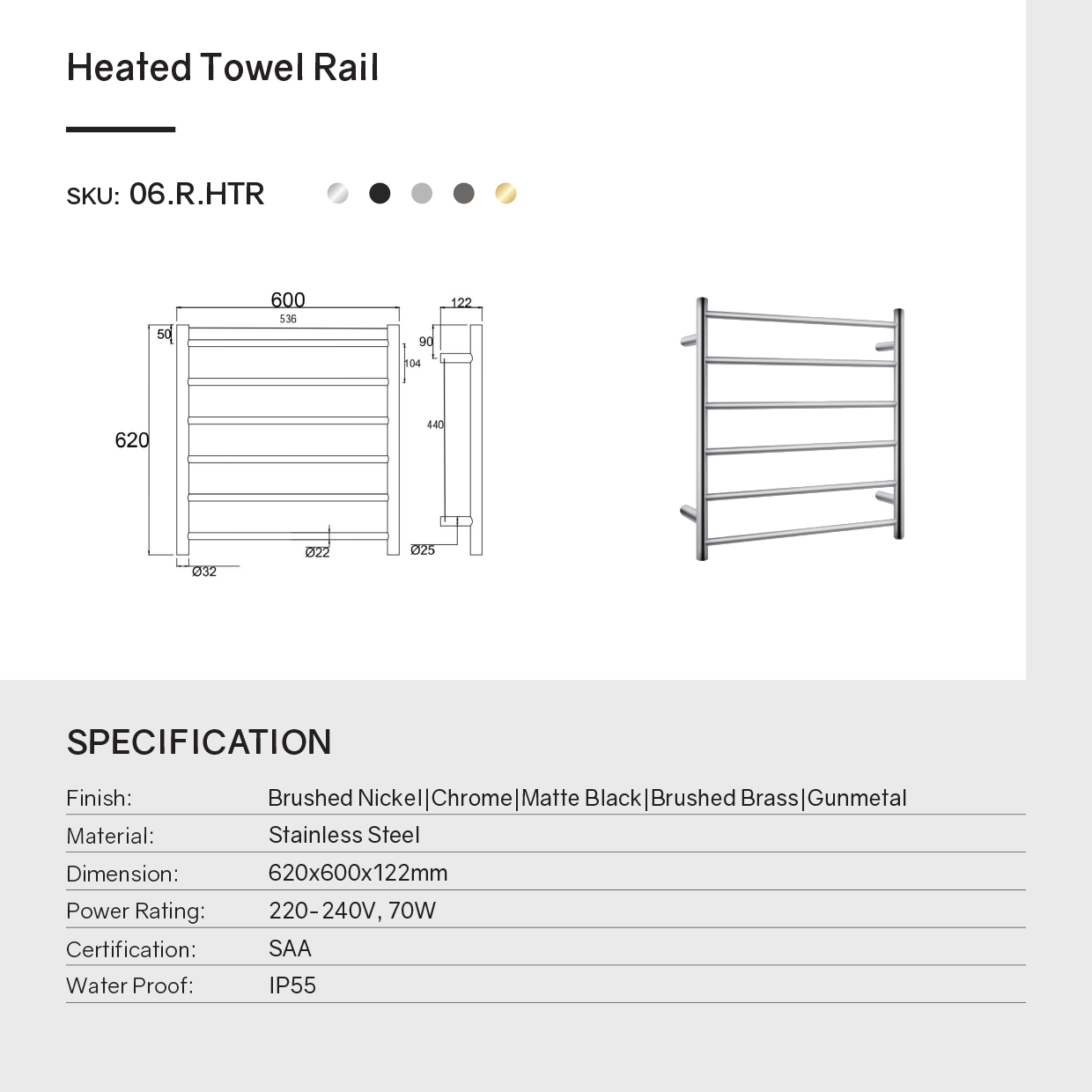 Stainless Steel Heated Towel Rack 6 Bars Round - Brushed Gunmetal Dark Grey